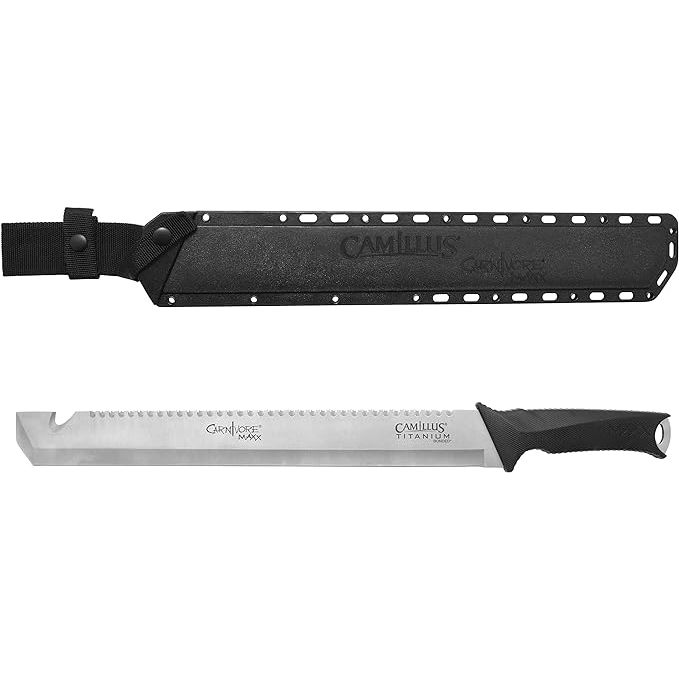 The Camillus Carnivore Machete is a must-have for outdoor enthusiasts and survivalists alike. Crafted from durable stainless steel, this machete is built to withstand harsh conditions, ensuring long-lasting performance. With its 8 to 12-inch blade length, it offers ample reach and cutting power for any wilderness adventure.