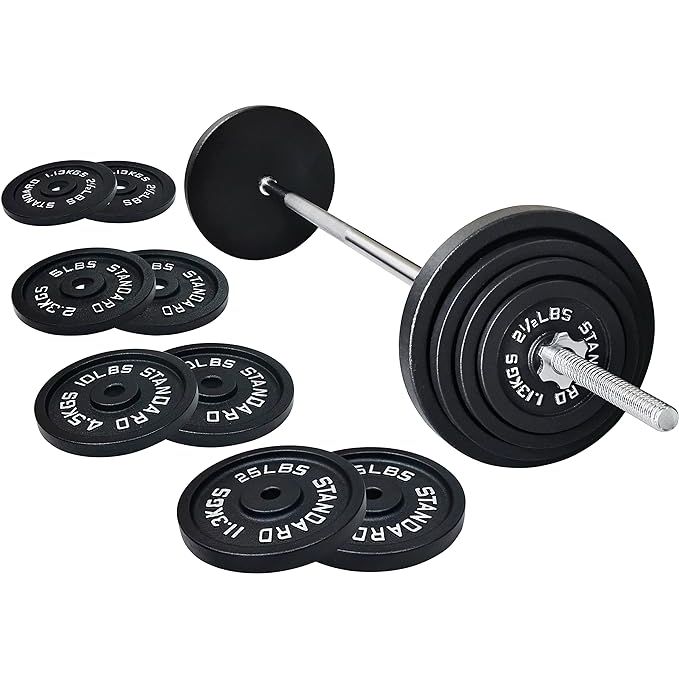 The .95 pounds weightlifting set is a must-have for anyone looking to level up their fitness routine. This comprehensive set includes a 5 feet Standard Barbell with Star Locks that can hold up to 300 pounds, perfect for a wide range of strength levels.