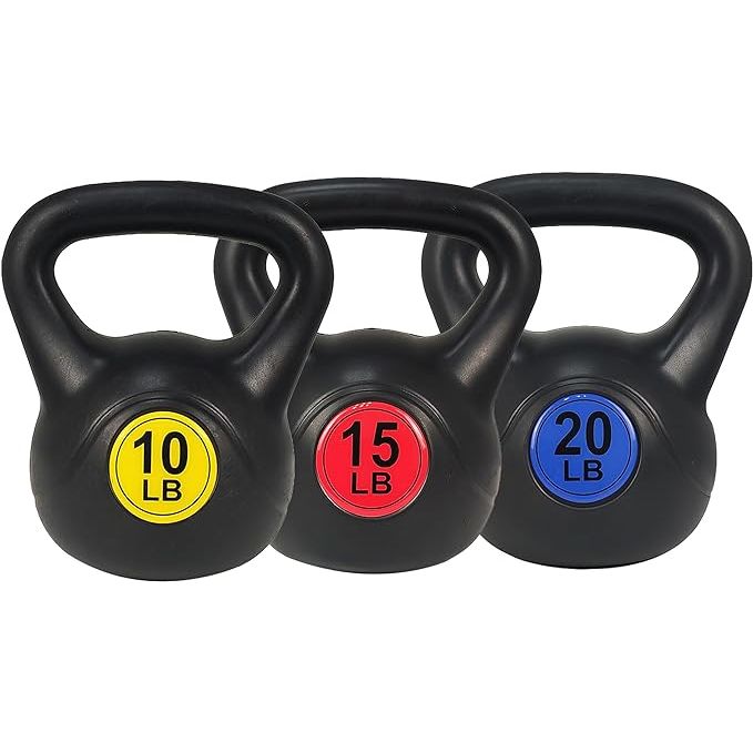 Introducing the versatile Set of 3 Kettlebells by Balance From, offering weights of 10, 15, and 20 pounds for a range of workout options. The ergonomic design of the kettlebells ensures a comfortable grip, making it easy to handle during exercises.