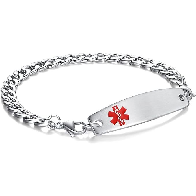 Introducing our Interchangeable Stainless Steel Chain Medical Bracelet, a must-have accessory for anyone with medical conditions or allergies. This bracelet features a unique design with lobster clasps on each side, allowing you to easily replace the bracelet or tag separately.