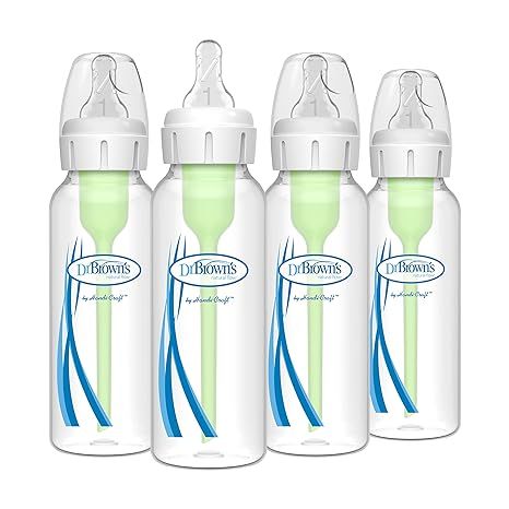 Dr. Brown's Natural Flow Anti-Colic Options+ Narrow Baby Bottles provide a helpful solution for parents seeking to alleviate their baby's feeding discomfort. This particular set includes four bottles, each with a capacity of 8 oz/250 mL and is designed for babies aged 0 months and older.