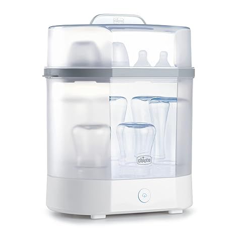 The Chicco Baby Bottle Steam Sterilizer is a versatile and efficient system designed to eliminate 99.9% of harmful bacteria found in baby bottles. Using the power of steam, this 3 in 1 modular system ensures the thorough sterilization of your baby's bottles, freeing them from any potential health risks.