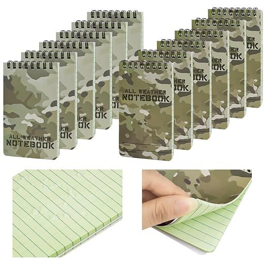 12 Pack Waterproof Notebook, All-Weather Pocket Sized Tactical Notepad, 3" x 5"Top Spiral Memo Notes Green Grid Paper Notepad for Outdoor Activities Recording image