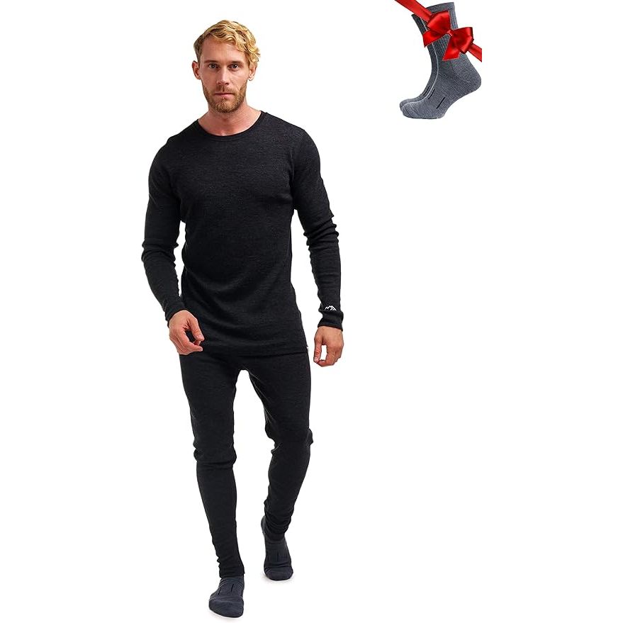 MerTek Midweight Men's Merino Wool Base Layer Set - Thermal Clothing Set for Men - Merino Wool Top and Bottom image