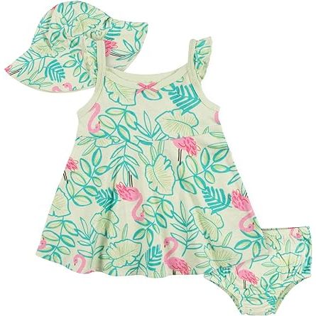 The Gerber baby-girls 3-piece sundress set is a delightful outfit designed for your little one's comfort and style. It includes a sundress, diaper cover, and hat, creating a complete look that is both adorable and functional.
The sundress is made from soft and breathable fabric that ensures your baby stays cool during warmer days.