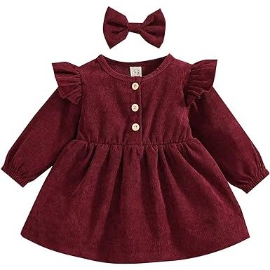 Karuedoo Kids Toddler Baby Girl Corduroy Ruffle Long Sleeve Dress Princess Party Dress Fall Winter Skirt Outfit image