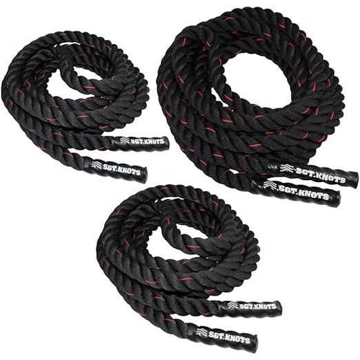 The SGT KNOTS Twisted Battle Rope is a premium fitness accessory designed for various exercise routines such as strength training, CrossFit, battling workouts, climbing, and gym sessions. Available in three different thicknesses - 1 inch, 1.