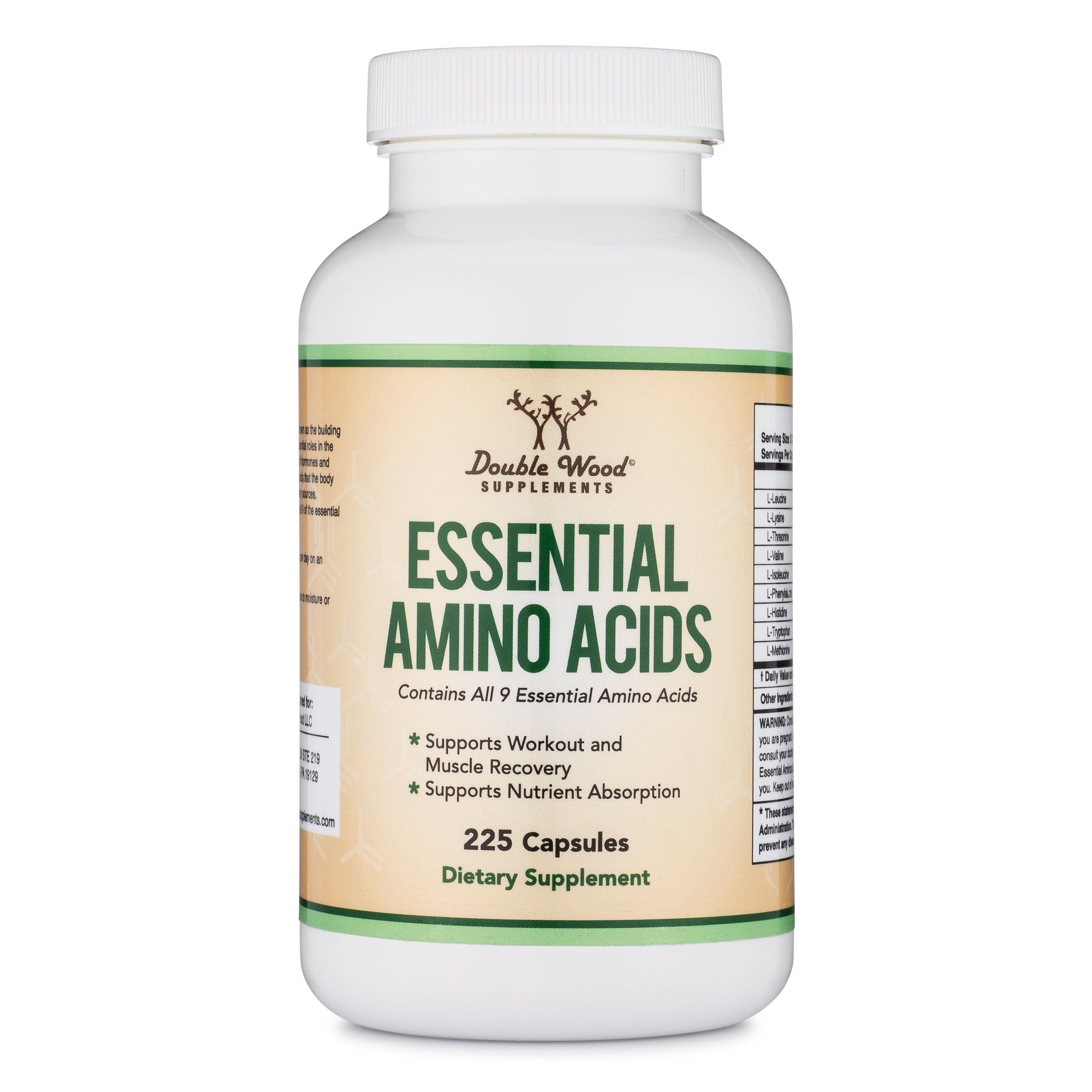 Enhance your muscle recovery and growth with Essential Amino Acids Capsules from Double Wood Supplements. Packed with all nine essential amino acids, including key BCAAs like leucine, isoleucine, and valine, each serving delivers 1 gram of high-quality powder blend. Whether you're an athlete striving for peak performance or simply seeking to boost your overall health, these capsules make a valuable addition to your daily routine. Manufactured and rigorously tested in the USA, you can rest assured knowing you're getting a safe and effective product.

Please note that while we endeavor to provide accurate product information, adjustments may have been made by manufacturers, suppliers, or others that are not reflected here. We recommend referring to the label or packaging for precise details before using or consuming the product. For personalized dietary advice or concerns, it's advisable to consult with a healthcare professional. Trust Essential Amino Acids Capsules by Double Wood Supplements for reliable support on your health and fitness journey. Description by ChatGPT.