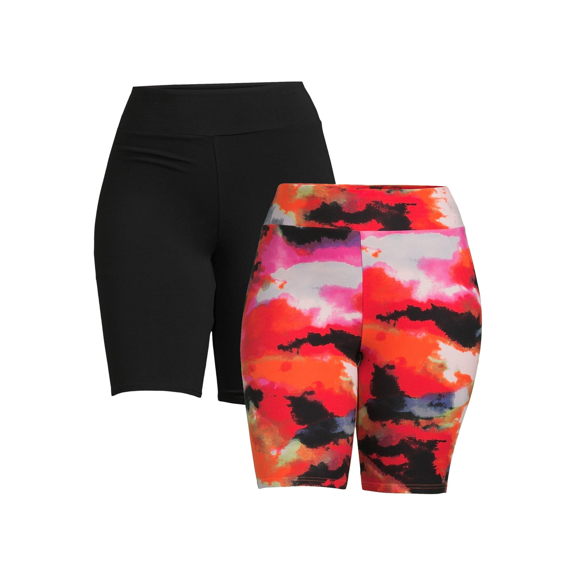 Elevate your wardrobe with the versatile Terra & Sky Bike Shorts, a must-have for both workouts and casual outings. These high-waisted shorts offer a flattering silhouette and come in a convenient two-pack with one printed pair and one solid pair.