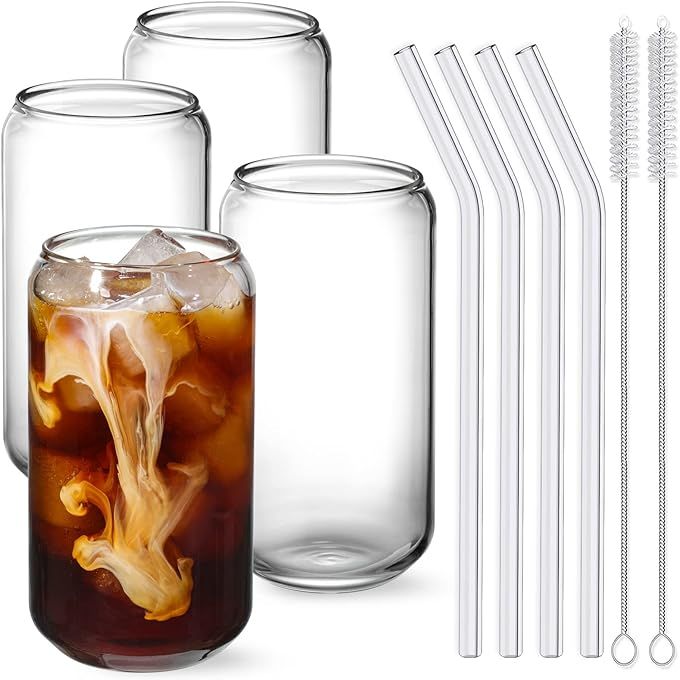 NETANY Drinking Glasses with Glass Straw 4pcs Set: 
16oz Can Shaped Glass Cups for Various Beverages 
Introducing a versatile and elegant addition to your drinkware collection - the NETANY Drinking Glasses with Glass Straw 4pcs Set.