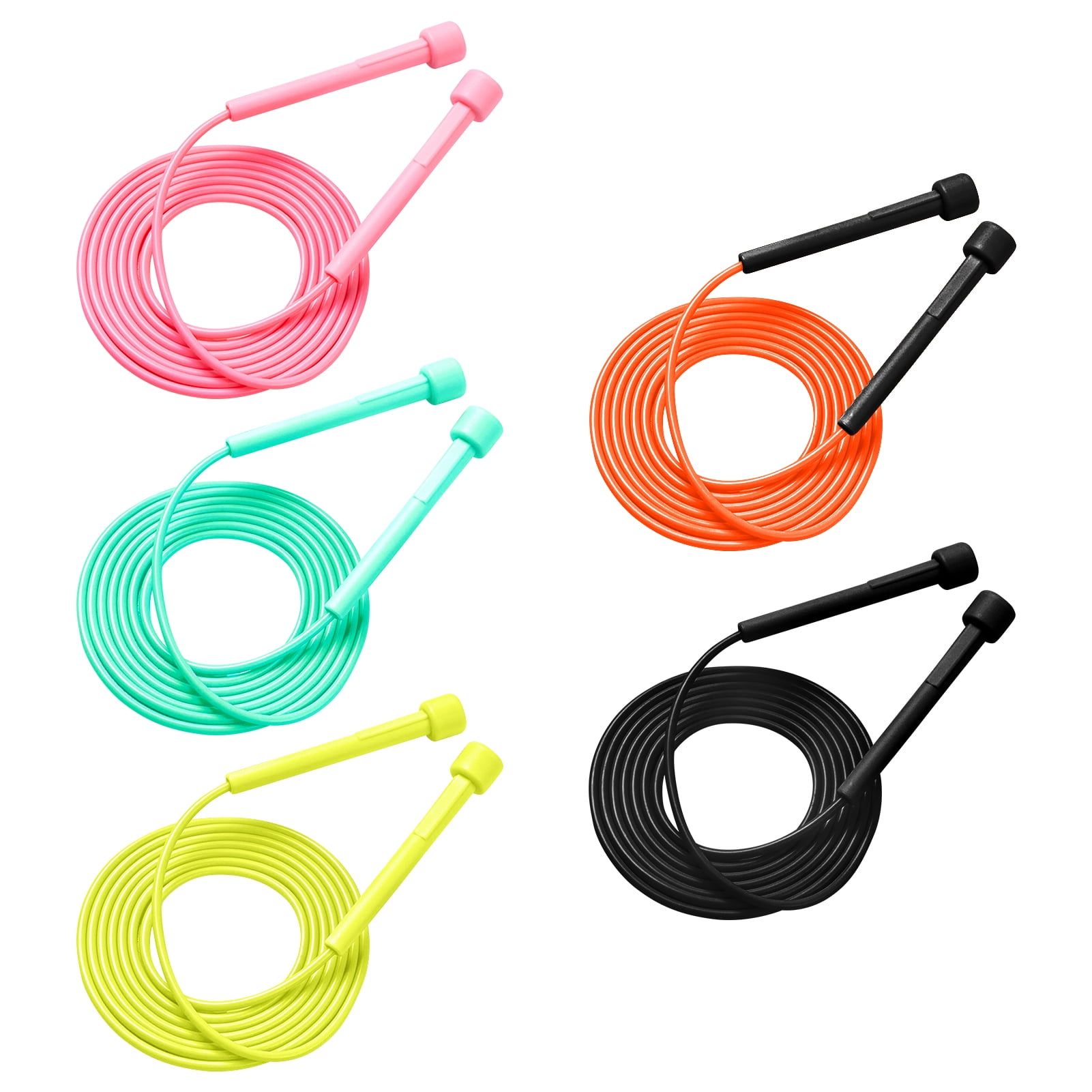 Introducing the Jump Rope for Students [5 Pack]! This set includes 5 vibrant-colored jump ropes in black, pink, green, orange, and yellow. At 280cm in length, these ropes are the perfect fit for most students, regardless of gender. The durable plastic handle measures 12.5cm long and is designed for comfortable and secure grip during workouts.