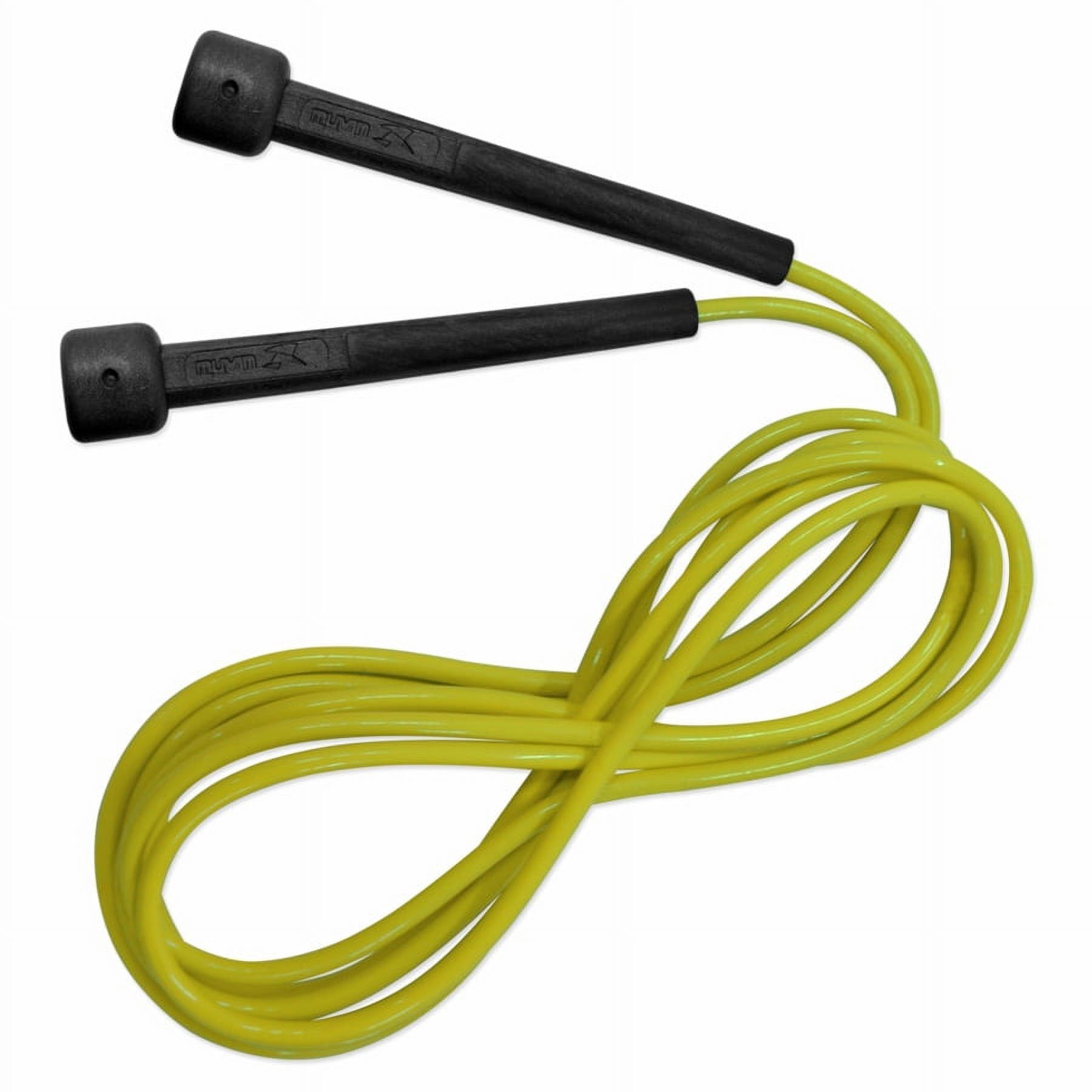 Enhance your speed training, cardio exercises, and home workouts with the versatile Muvin Basics Adjustable Length Jump Rope. This durable yellow PVC skipping rope is suitable for individuals of all fitness levels and can be easily customized to different heights and training preferences, with a maximum length of up to 10.3 feet.