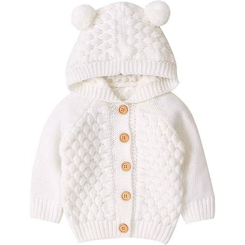 Mubineo Toddler Infant Baby Girl Boy Fall Winter Cable Solid Color Knitted Hood Cardigans Jacket Outwear with Ears image