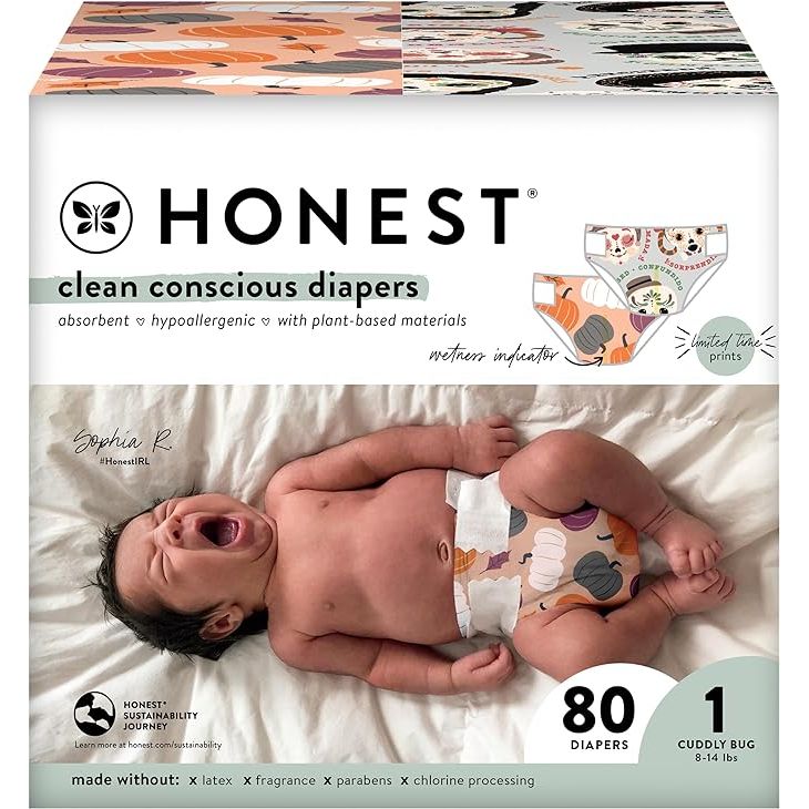 The Honest Company's Clean Conscious Diapers in the Fall '23 Limited Edition Prints are a plant-based and sustainable option for parents seeking an eco-friendly diapering solution. These diapers are made without chlorine processing, latex, fragrances, or lotions, reducing the risk of irritation on a baby's delicate skin.