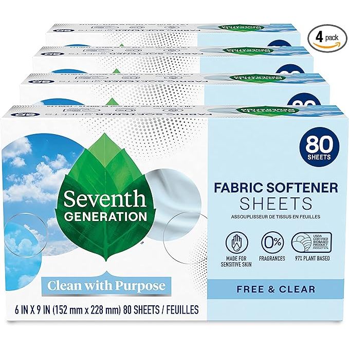 Seventh Generation Dryer Sheets are a fabric softener product that is fragrance-free and made without any artificial dyes or synthetic fragrances. Each pack contains 80 sheets, and this listing includes a total of 4 packs. These dryer sheets are designed to naturally reduce static cling and soften your clothes, making them more comfortable to wear.