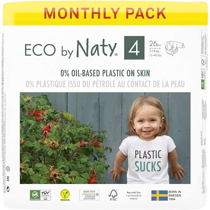 Introducing Naty Diapers, the sustainable and plant-based solution for your baby's needs. Unlike traditional diapers, Naty Diapers are free of toxins and chemicals, ensuring your baby's delicate skin never comes into contact with harmful plastic materials.