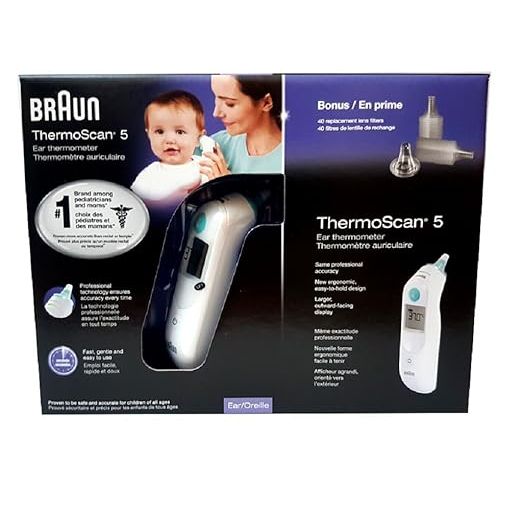 The Braun Thermoscan 5 Ear Thermometer is a reliable and convenient device to measure body temperature. It is designed to be used in the ear, providing accurate readings quickly and comfortably. Its infrared technology captures heat emitted by the eardrum and surrounding tissues, ensuring accurate temperature measurements.

One of the key features of this thermometer is its 40 lens filters. These disposable filters are designed to prevent cross-contamination between users, promoting hygiene and reducing the risk of spreading germs. Each filter is easily attached to the thermometer and disposed of after use, ensuring accuracy and cleanliness for every measurement.

The Braun Thermoscan 5 Ear Thermometer also boasts a pre-warmed tip, which minimizes the cooling effect during measurements. This results in more accurate readings and increased comfort for the user. The thermometer is easy to operate with a simple one-button function, making it ideal for use on individuals of all ages, from infants to adults. Description by ChatGPT.