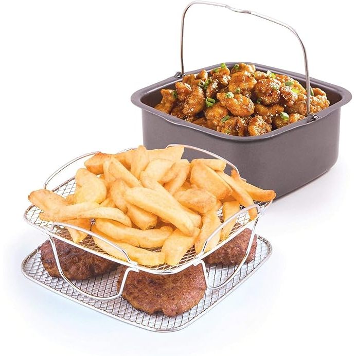 Upgrade your Nuwave Brio Air Fryer with the Nuwave 2pc Brio Air Fryer Cooking Accessory Kit. This versatile kit includes a reversible rack and a baking pan, allowing you to double your cooking space and bake delicious treats with your air fryer.