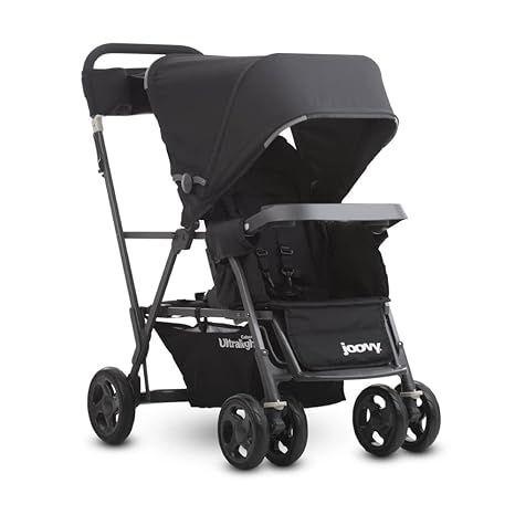 The Joovy Caboose Ultralight Sit and Stand Double Stroller is a versatile and lightweight stroller option for families with two young children. It features a rear bench and standing platform for an older child to stand or sit, while the front seat can recline in three different positions, providing comfort for the younger child.