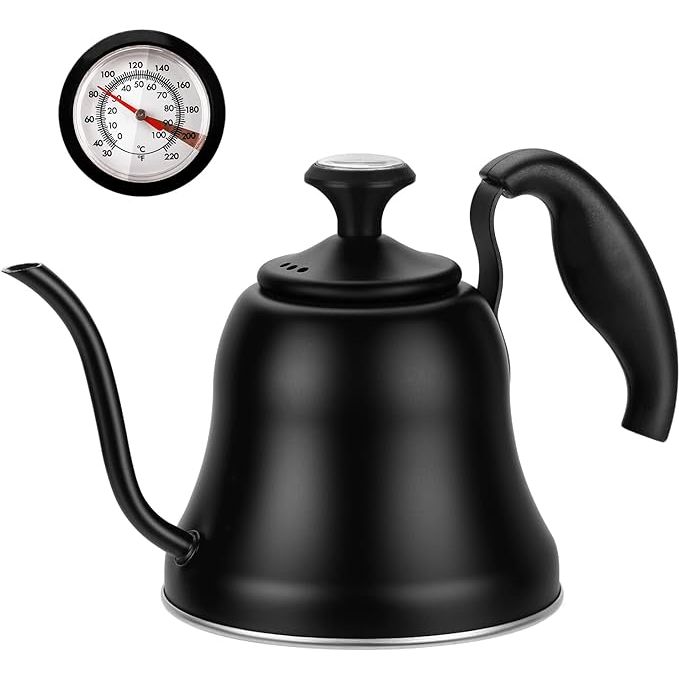 Upgrade your kitchen with the Chefbar Tea Kettle with Thermometer, a sleek and modern stovetop appliance perfect for pour over coffee and tea connoisseurs. Its gooseneck spout ensures precision pouring, while the matte black finish adds a touch of sophistication to any kitchen decor.