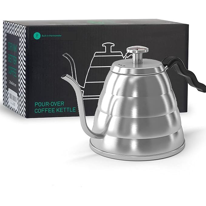 Experience the perfect pour-over with the Coffee Gator Gooseneck Kettle with Thermometer. Crafted from premium stainless steel, this sleek kettle boasts a 34 oz capacity, ideal for brewing up to 4 cups of your favorite hot beverage.