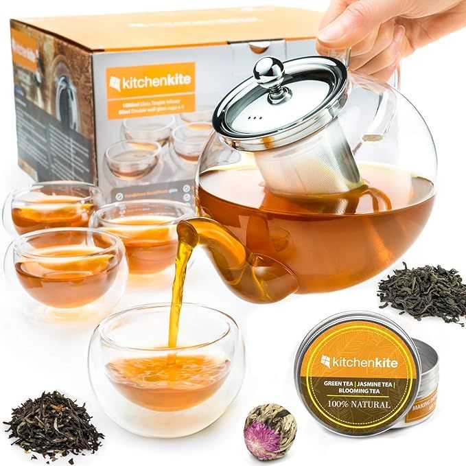 Experience the perfect cup of tea with the Kitchen Kite Glass Teapot Set. This versatile set includes a teapot and 4 double wall teacups made from durable borosilicate glass. The double wall design of the teacups keeps your tea hot while preventing the outer surface from becoming too hot to touch.