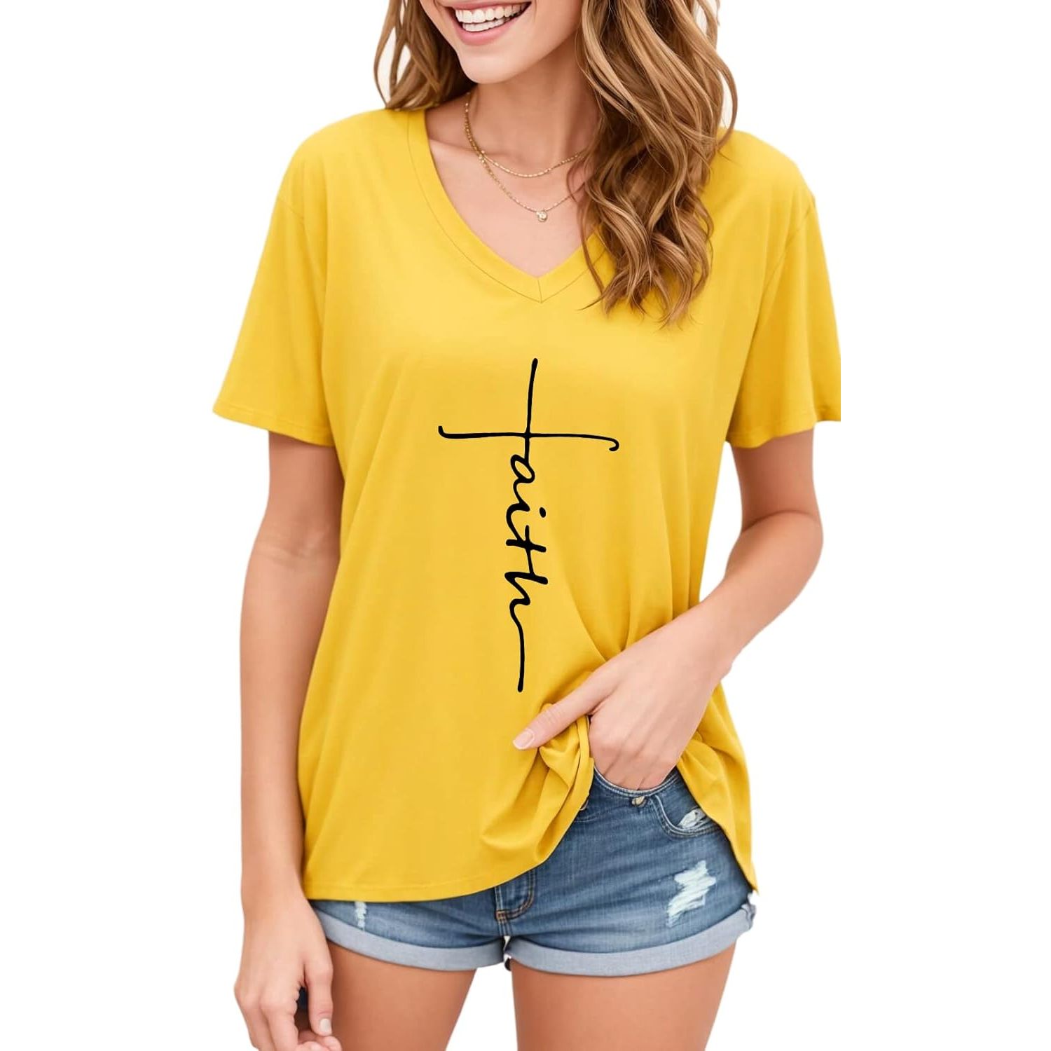 1 Women Cross Faith T-Shirt Printed V-Neck Casual Short Sleeve Graphic Cute Tops