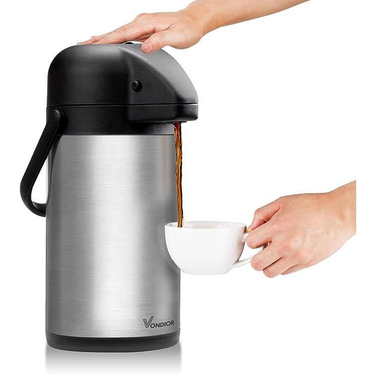 The 64 Oz Airpot Coffee Dispenser with Pump is a must-have for any event or party where you need to serve hot or cold beverages. Crafted from durable stainless steel, this insulated thermal carafe can keep your drinks at the perfect temperature for hours on end.