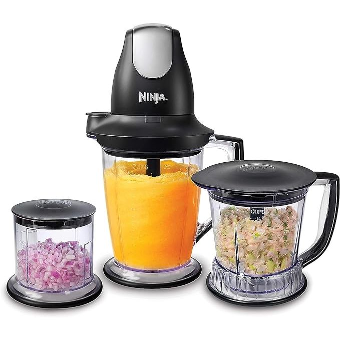 The Ninja QB1004 Blender/Food Processor is a versatile kitchen appliance that comes with a 450-watt base. It includes a 48oz pitcher, 16oz chopper bowl, and a 40oz processor bowl, making it ideal for various needs such as making shakes, smoothies, and meal preparation.