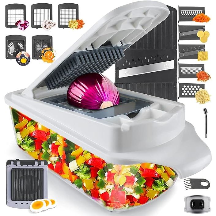 Upgrade your kitchen game with the RüK Vegetable Chopper Slicer Onion Dicer, a 22-in-1 kitchen tool designed to revolutionize your food preparation experience. This versatile mandoline and food cutter includes 11 different blades, allowing you to effortlessly chop, slice, and dice a variety of vegetables and fruits.