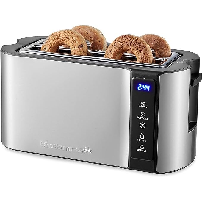 Experience the sleek and stylish Elite Gourmet ECT5322 Long Slot 4 Slice Toaster, crafted from high-quality stainless steel for long-lasting durability. Its extra wide slots are perfect for toasting bagels, waffles, and thick slices of bread, while the 6 toaster settings allow you to customize your desired level of toasting with ease.