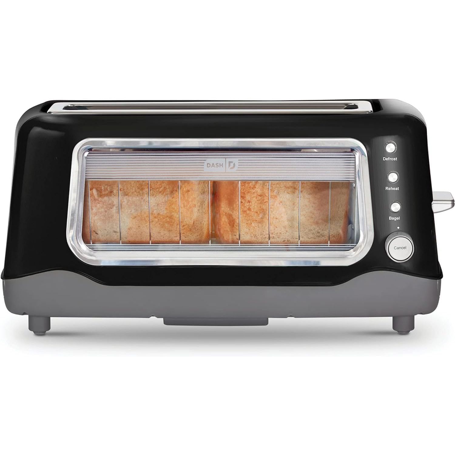 Upgrade your breakfast game with the Dash Clear View Toaster, a versatile kitchen appliance designed for more than just toasting bread. This efficient toaster offers Defrost, Reheat, and Bagel one-touch buttons to easily diversify your morning meal options.