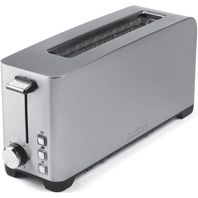 Experience perfect toast every time with the Salton ET1816 Long Slot 2-Slice Toaster. Its sleek design and stylish silver finish will elevate the look of your kitchen while providing top-notch toasting performance.