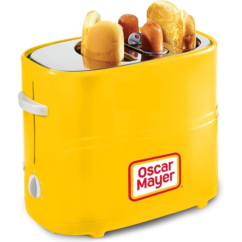 Prepare delicious hot dogs and buns with ease using the Oscar Mayer 2 Slot Hot Dog and Bun Toaster with Mini Tongs. This vibrant yellow appliance is designed for toasting hot dogs, sausages, brats, and more, making it a versatile addition to your kitchen.