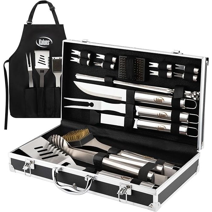 Kaluns BBQ Grilling Accessories offers a premium set of stainless steel grill tools in a durable aluminum case, perfect for outdoor grilling enthusiasts. Ideal for men and dads who love to grill, this set includes essential tools such as a spatula, tongs, fork, basting brush, and grill brush.