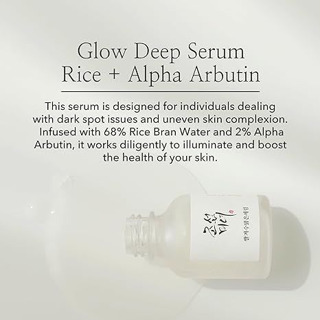 Radiant Revelation: Unveil the beauty secrets of Joseon with the Glow Deep Serum, a meticulously crafted blend of rice and alpha-arbutin for unparalleled radiance. Address dark spots, discoloration, and acne scars with a powerful formula enriched with rice and alpha arbutin.