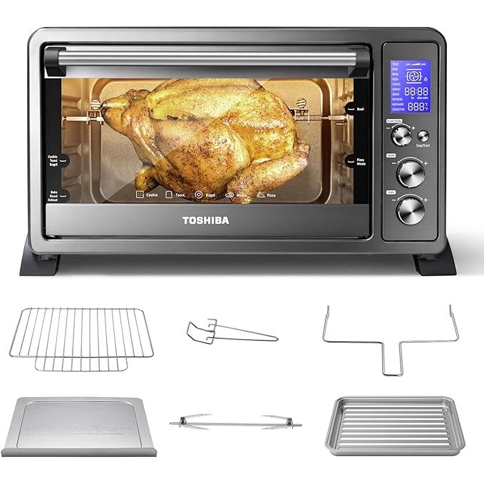Experience the ultimate convenience and efficiency with the TOSHIBA AC25CEW-BS Large 6-Slice Convection Toaster Oven Countertop. This versatile kitchen appliance boasts a 10-in-one functionality, allowing you to toast, bake, broil, roast, defrost, reheat, warm, and even rotisserie your favorite dishes with ease.