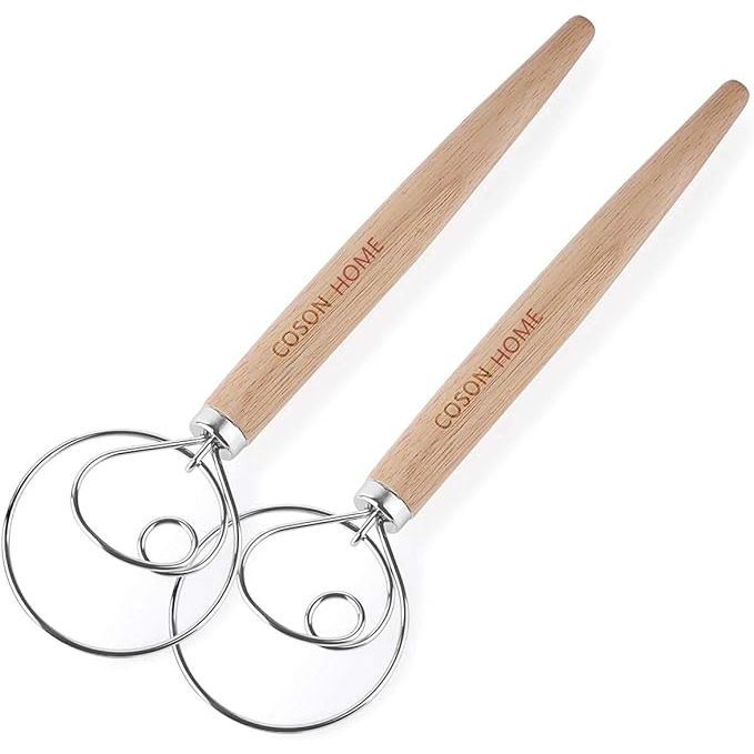 The Pack of 2 Danish Dough Whisk Blender Dutch Bread Whisk Hook is a essential set of baking tools that will revolutionize your baking experience. Made of stainless steel with a comfortable wooden hand mixer, this whisk is perfect for mixing dough for various baked goods. Measuring at 13.5 inches long and weighing just 0.