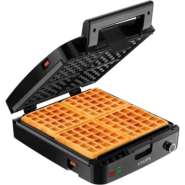 Create delicious, perfectly crispy waffles with the Krups Breakfast Set Stainless Steel Waffle Maker. This versatile appliance allows users to make four waffles at once, thanks to its powerful 1200-watt heating element that ensures quick and even cooking.