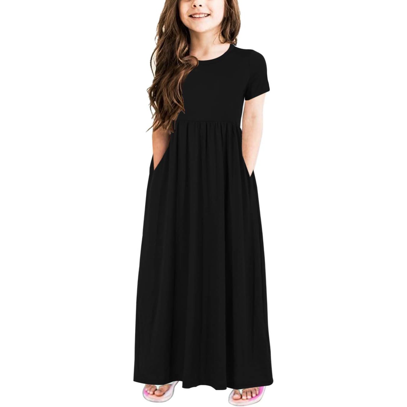 The GORLYA Girl's Short Sleeve Floral Print Loose Casual Long Maxi Dress is a stylish and comfortable option for girls aged 4-12 years old. This dress features a colorful floral print and is designed to be loose-fitting for a relaxed and comfortable fit.
