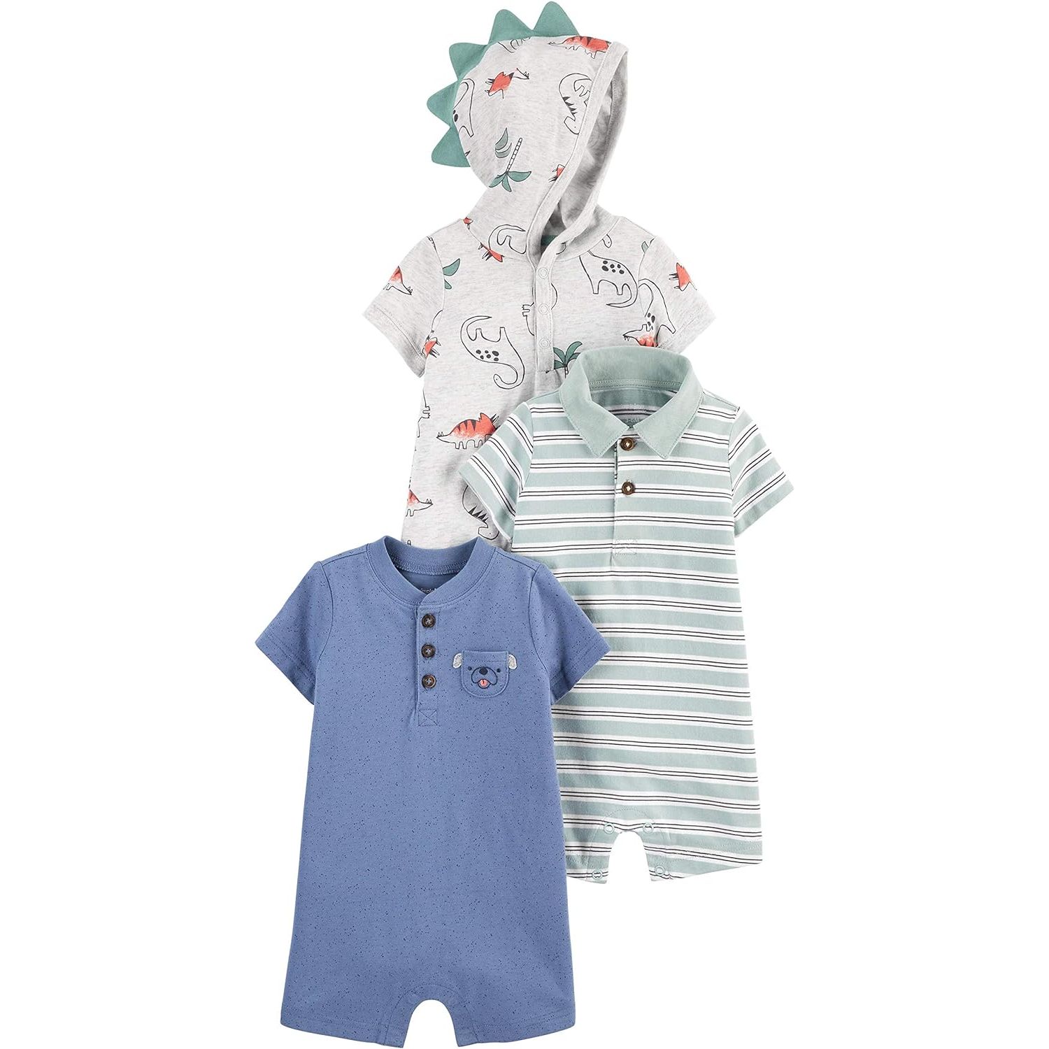 Simple Joys by Carter's Baby Boys' Rompers are a convenient and adorable addition to your little one's wardrobe. This pack includes three rompers made of soft, breathable cotton material, perfect for keeping your baby comfortable all day long.