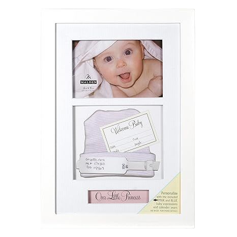 The Malden International Designs 8280-46 Baby Memories Baby Memoto Shadowbox Picture Frame is a 4x6 frame designed to capture and display precious memories of your baby. This shadowbox frame allows you to easily showcase a special photograph alongside other mementos such as hospital bracelets, footprints, or baby's first toys.