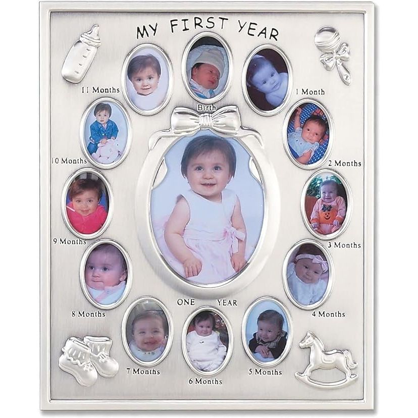 The Lawrence Frames 830080 Silver Plated My First Year Picture Frame is a beautiful and elegant way to display photos of your baby's first year. This frame is designed to hold twelve small photos, one for each month of your child's first year, making it a perfect keepsake to chronicle their growth and development.