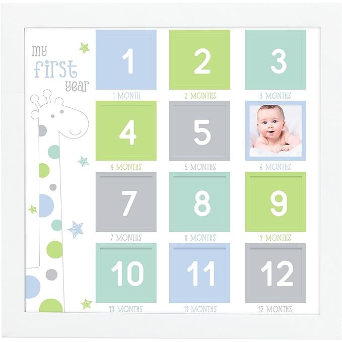 The Tiny Ideas First Year Keepsake Photo Frame is a special frame designed to capture and display a baby's milestones and moments throughout their first year of life. It includes twelve photo openings, one for each month, as well as a larger central opening for a favorite newborn photo.