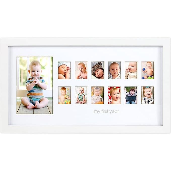 The Pearhead My First Year Photo Moments Baby Keepsake Picture Frame is a beautiful and elegant way to capture and cherish your baby's first year milestones. This gender-neutral nursery wall décor piece features a white frame with 13 photo inserts, allowing you to showcase each month of your baby's first year.