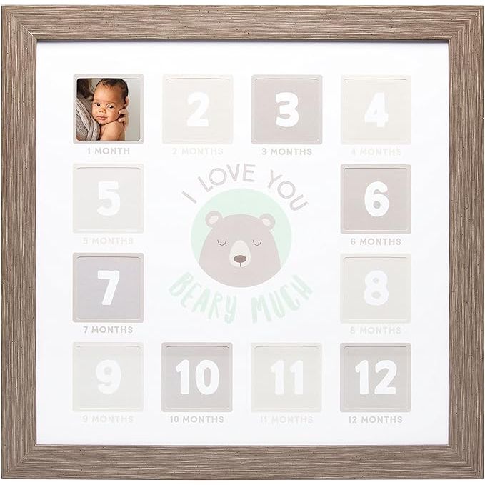 The Kate & Milo Baby's First Year Frame is the perfect way to document and cherish your baby's first year of life. This sturdy wood frame features twelve photo slots labeled from 1 Month to 12 Months, allowing you to create a beautiful chronological timeline of your little one's growth and milestones.