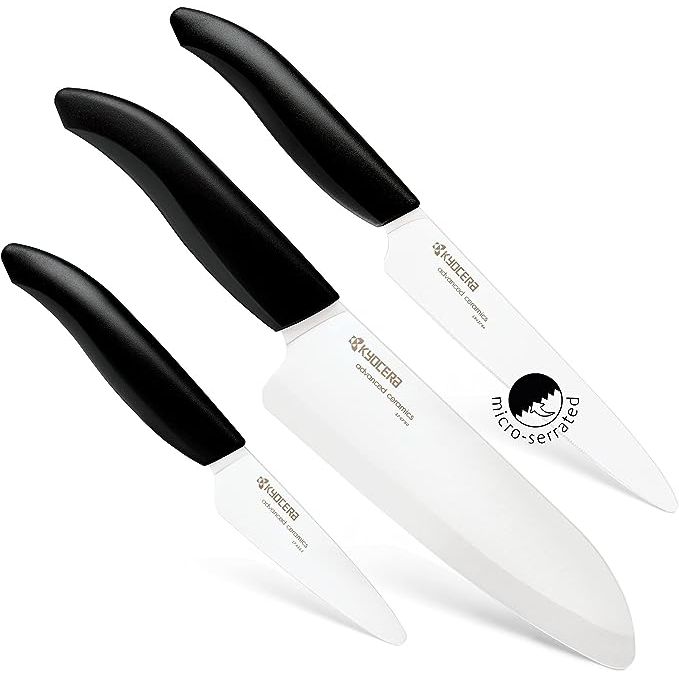 Enhance your kitchen with the Kyocera Advanced Ceramics Revolution Series 3-Piece Ceramic Knife Set, featuring a chef's knife, micro serrated knife, and paring knife.