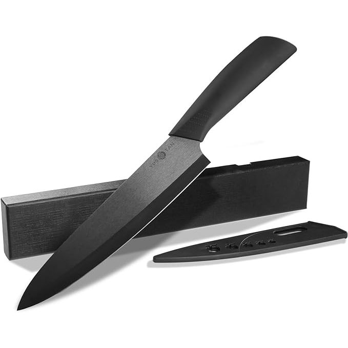 Experience effortless cutting and slicing with the YUSOTAN Ceramic Chef Knife. This 8-inch kitchen essential features a sharp black ceramic blade that resists corrosion, rust, and oxidation, perfect for effortlessly slicing through vegetables and fruits.