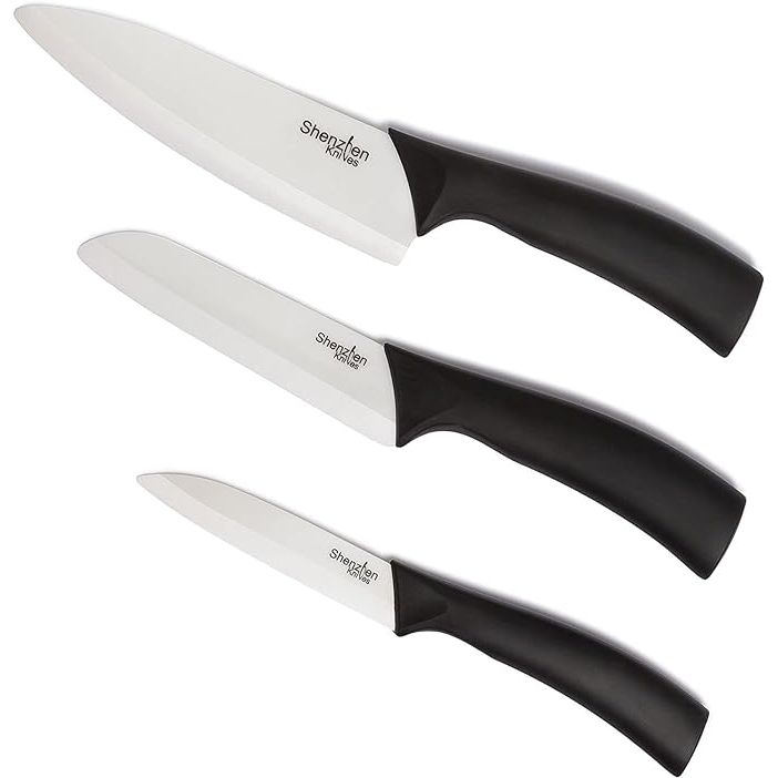 Upgrade your kitchen tools with the Shenzhen Knives 3-Piece Ceramic Knife Set. This versatile set includes a 6 chef's knife, a 5 slicing knife, and a 4 paring knife, all made with sharp and durable ceramic blades.