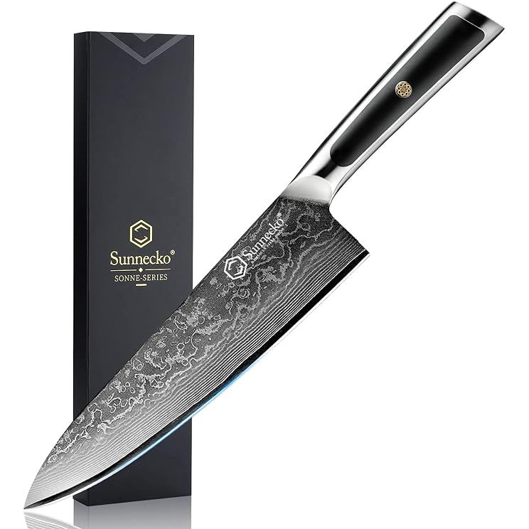 Experience superior performance in the kitchen with the Sunnecko Chef Knife 8 Inch. This versatile and stylish knife features a Damascus pattern on the blade, made of VG10 high carbon stainless steel for unparalleled sharpness and durability.